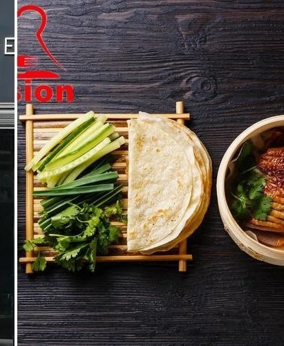 Crispy roast duck with pancakes, cucumber and spring onion